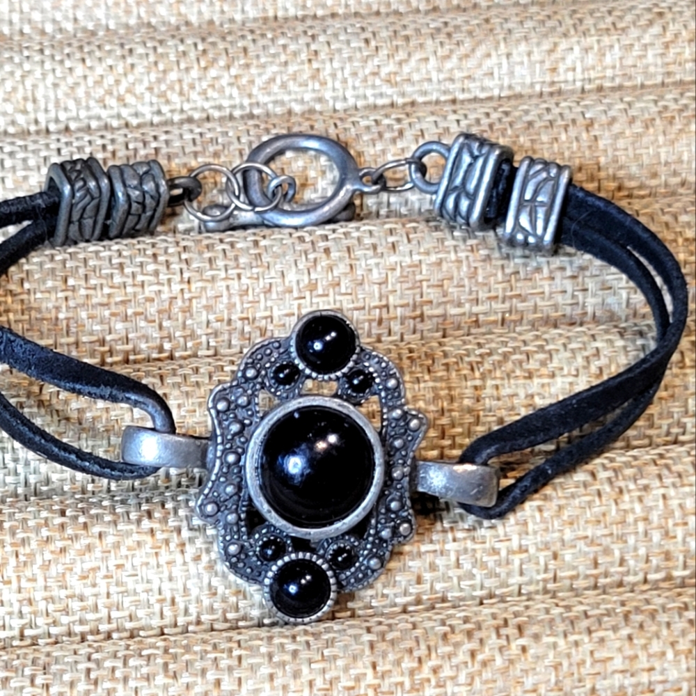 Antique Silver Tone with Black Cabochons Bracelet 2-Strand Leather Bracelet